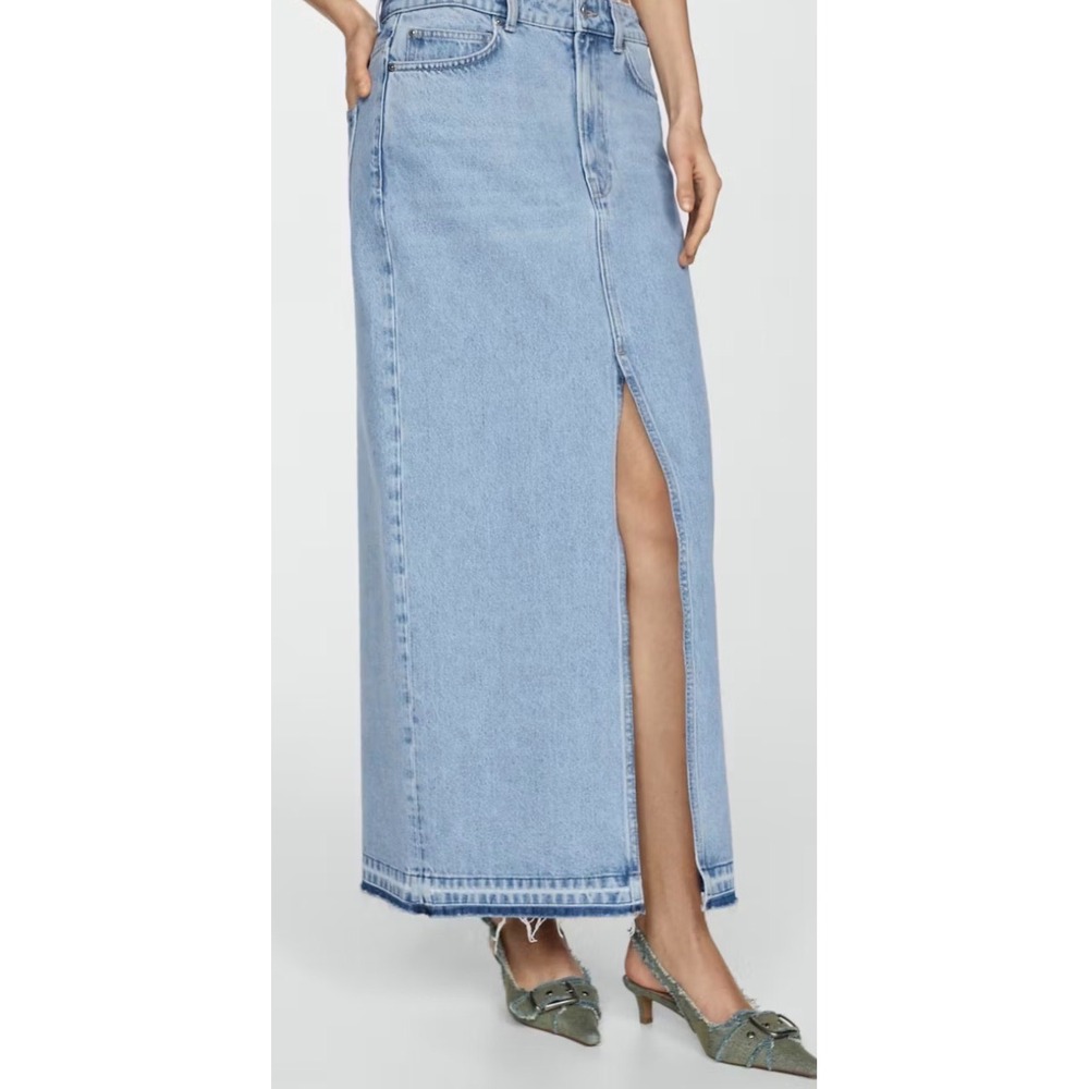 Mango MNG Light Wash Denim Maxi Skirt Front Slit Blue XL